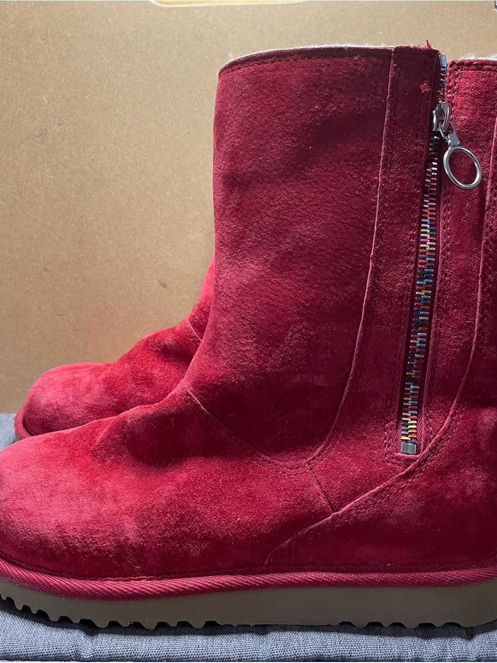 UGG Kids Red Suede Zip Booties